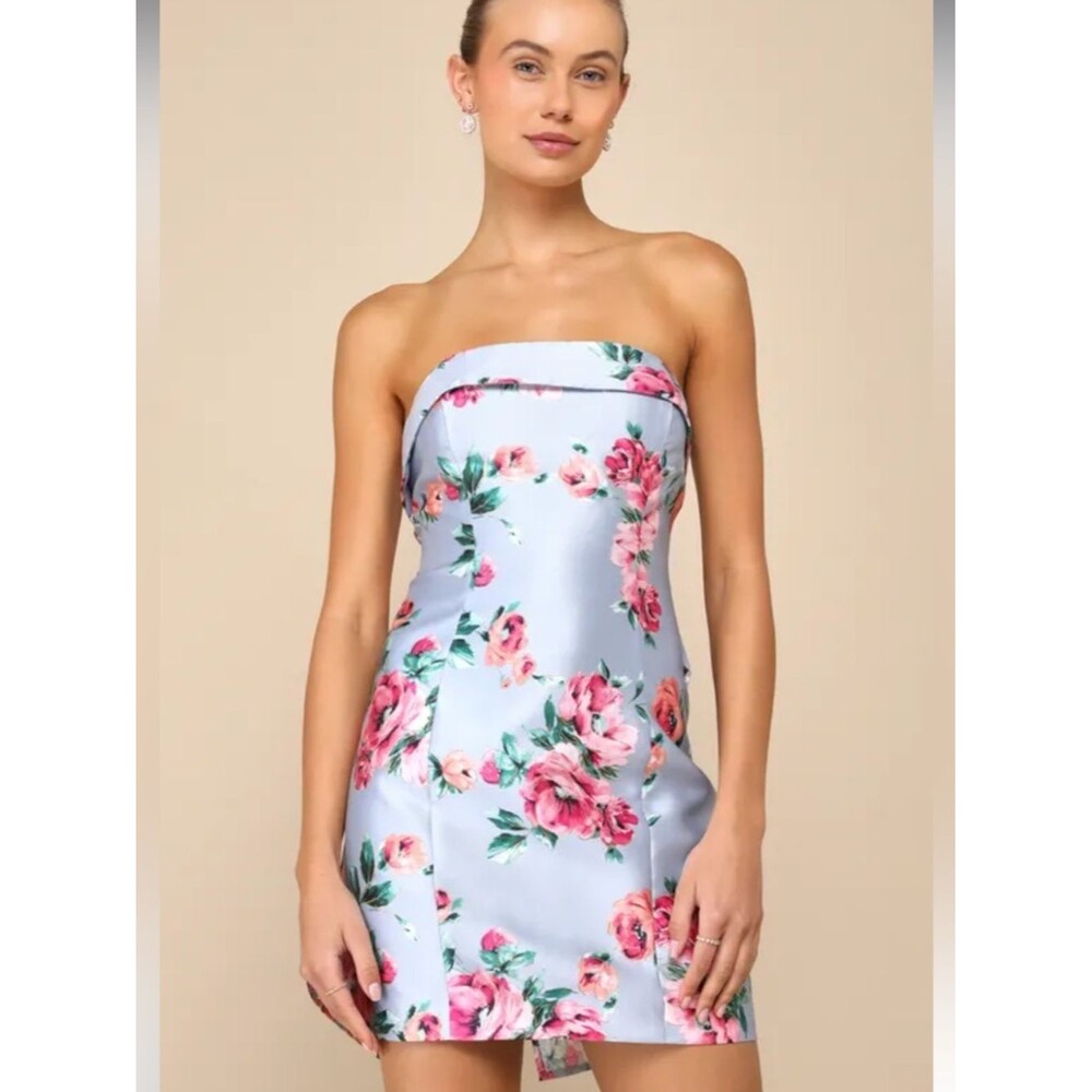 LULUS Luxe Wonder Light Blue Floral Taffeta Strapless Bow Mini Dress Size S/M